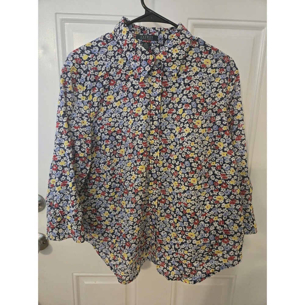 Lauren Ralph Lauren Women’s Blouse-3/4 Sleeves- Cotton, Sz 2X Navy/ White Floral
